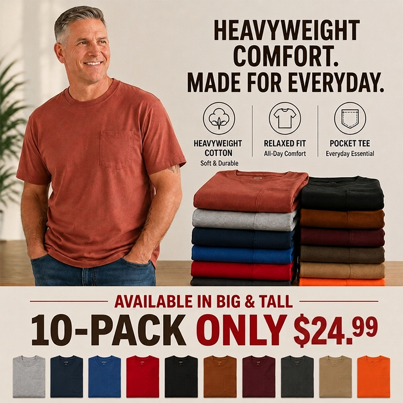 🔥Men's Heavyweight Cotton Pocket T-Shirt – Relaxed Fit Everyday Casual Tee | Big & Tall Available