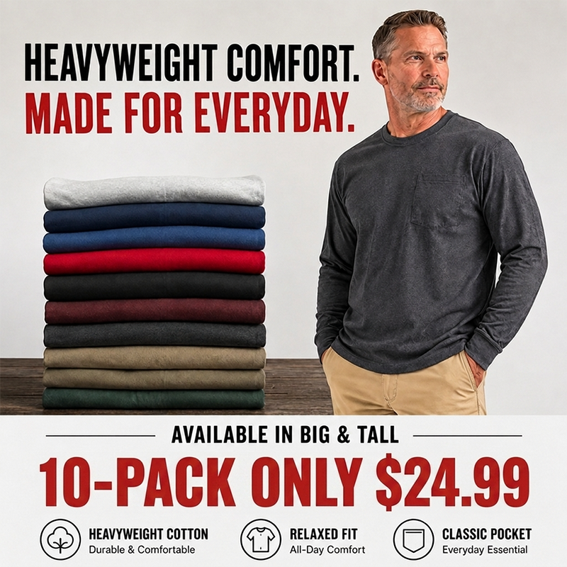 🔥Men's Heavyweight Cotton Pocket T-Shirt – Relaxed Fit Everyday Casual Tee | Big & Tall Available