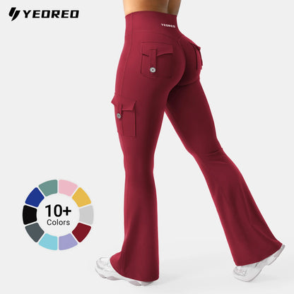 Women's Workout Flare Leggings with Pockets Hidden Scrunch High Waisted Cargo Gym Yoga No Front Seam Leggings Flared Joggers Fitness Outfit Camouflage Sports Pants 75% Nylon 25% Spandex summerwins
