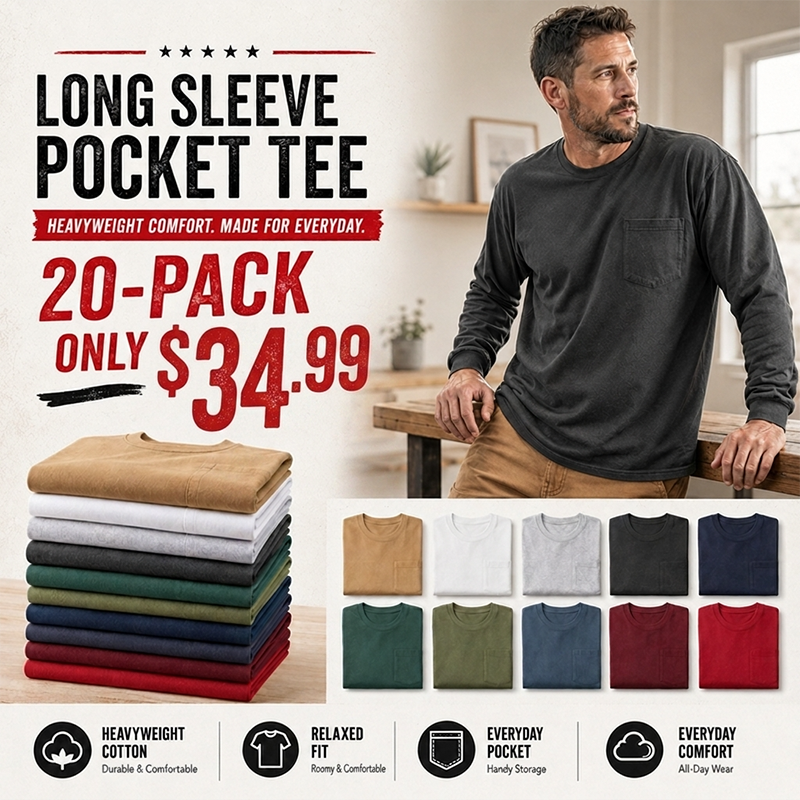 🔥Men's Heavyweight Cotton Pocket T-Shirt – Relaxed Fit Everyday Casual Tee | Big & Tall Available