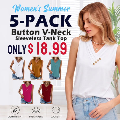 Women Summer Button Down V Neck T Shirts Sleeveless Loose Fit Fashion Tops