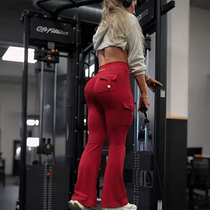 Women's Workout Flare Leggings with Pockets Hidden Scrunch High Waisted Cargo Gym Yoga No Front Seam Leggings Flared Joggers Fitness Outfit Camouflage Sports Pants 75% Nylon 25% Spandex summerwins