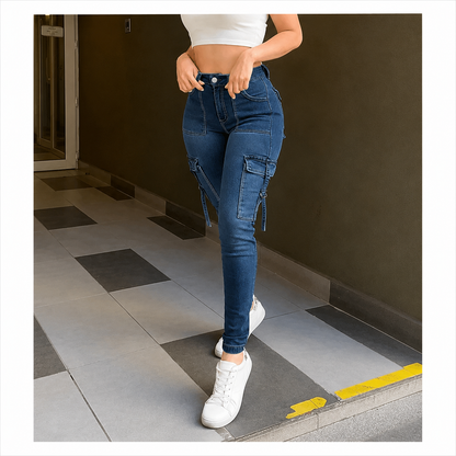 🔥MID YEAR SALE🔥Women's Plain Multi-pocket Denim Elastic Slim Fit Button Cargo Denim Pants