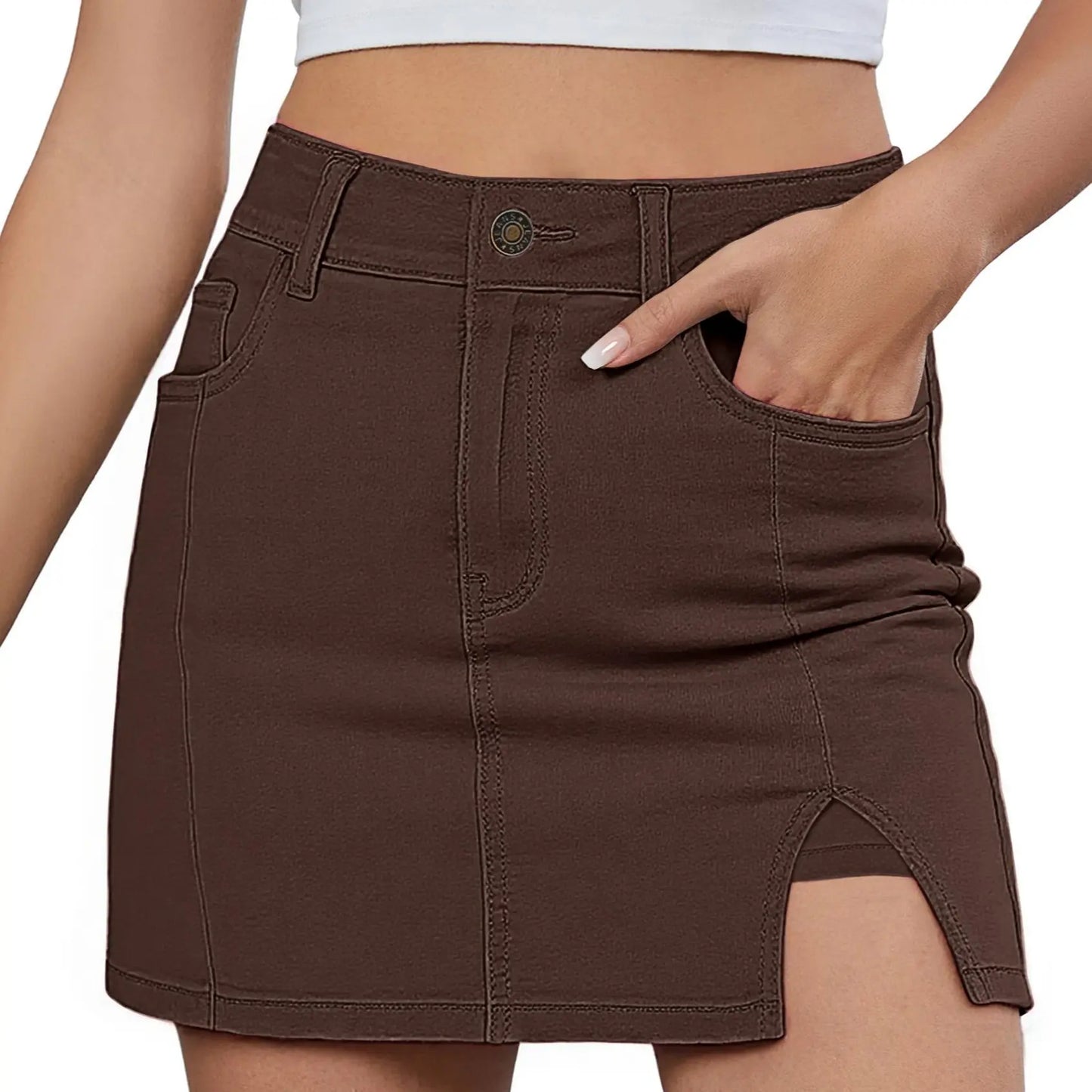 Women's Minimalist High-Waisted Denim Mini Skirt Shorts with Side Slit