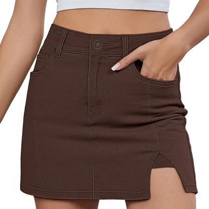 Women's Minimalist High-Waisted Denim Mini Skirt Shorts with Side Slit