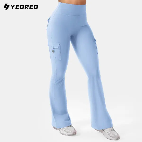 Women's Workout Flare Leggings with Pockets Hidden Scrunch High Waisted Cargo Gym Yoga No Front Seam Leggings Flared Joggers Fitness Outfit Camouflage Sports Pants 75% Nylon 25% Spandex summerwins