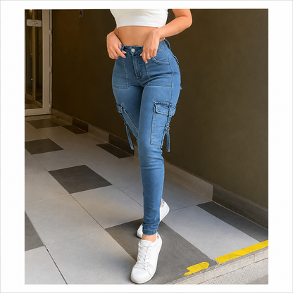 🔥MID YEAR SALE🔥Women's Plain Multi-pocket Denim Elastic Slim Fit Button Cargo Denim Pants