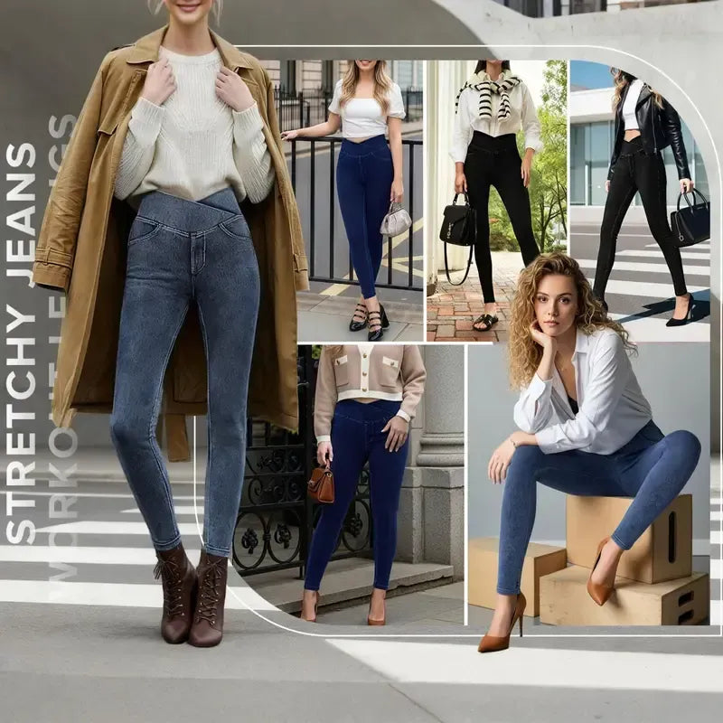 Women's High-Waisted Stretch Jeans with Crossover Design — Slim-Fit Flared Denim Leggings