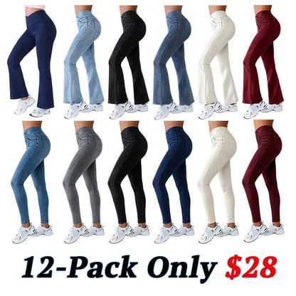 Women's High-Waisted Stretch Jeans with Crossover Design — Slim-Fit Flared Denim Leggings