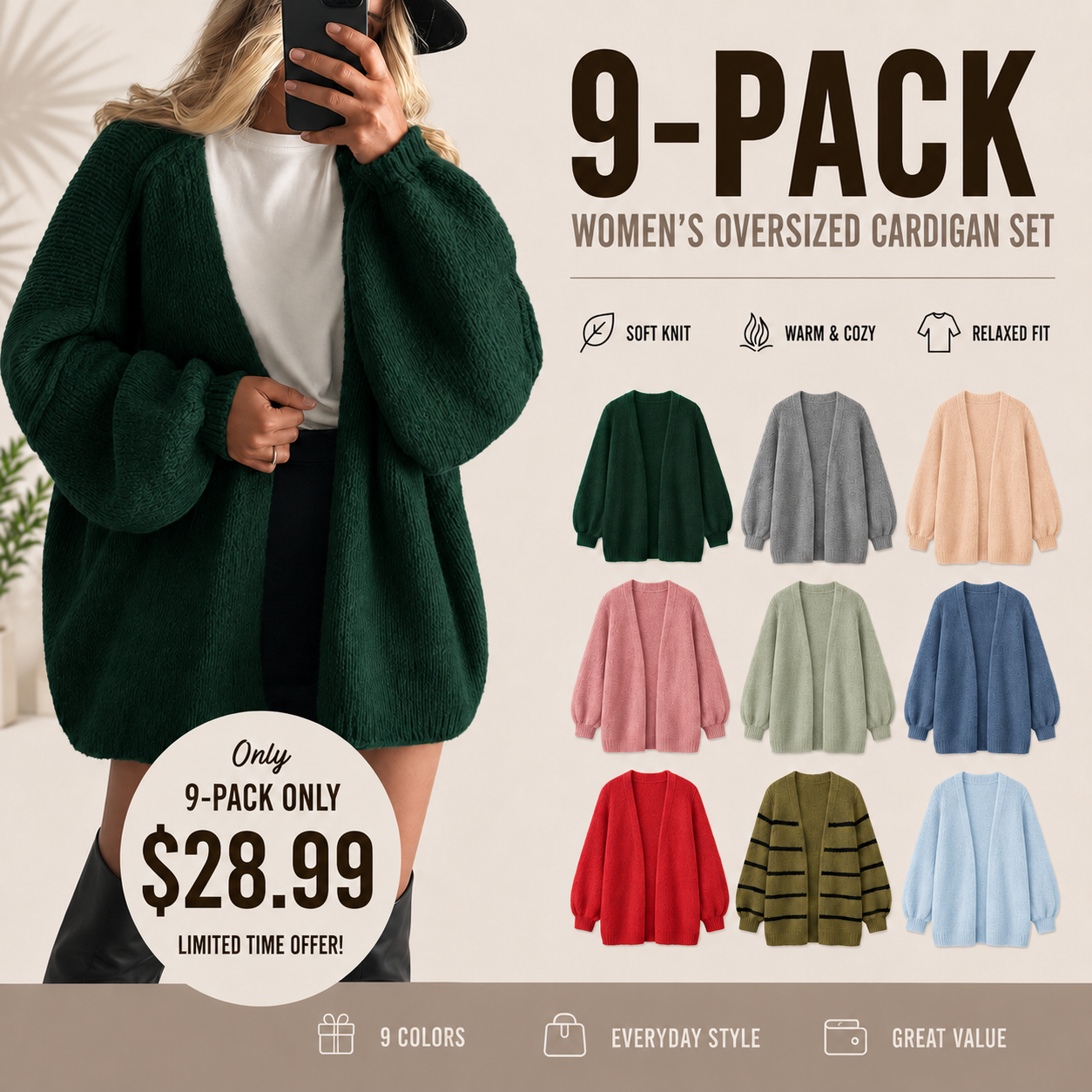 🔥 Limited-Time Sale ✨ Women’s Oversized Cardigan Sweater | Lantern Sleeve Open Front Knit Top | Lightweight Fall Casual Layering Wear 🍂