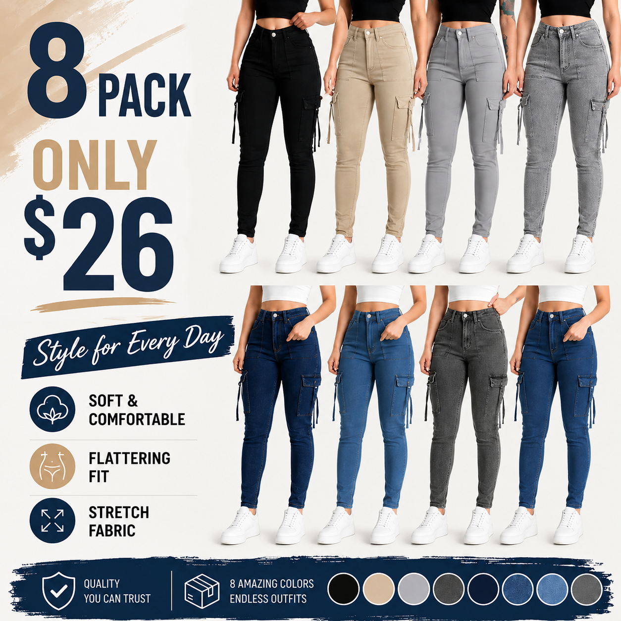 🔥MID YEAR SALE🔥Women's Plain Multi-pocket Denim Elastic Slim Fit Button Cargo Denim Pants
