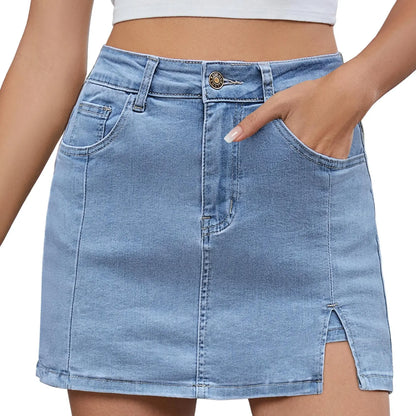 Women's Minimalist High-Waisted Denim Mini Skirt Shorts with Side Slit