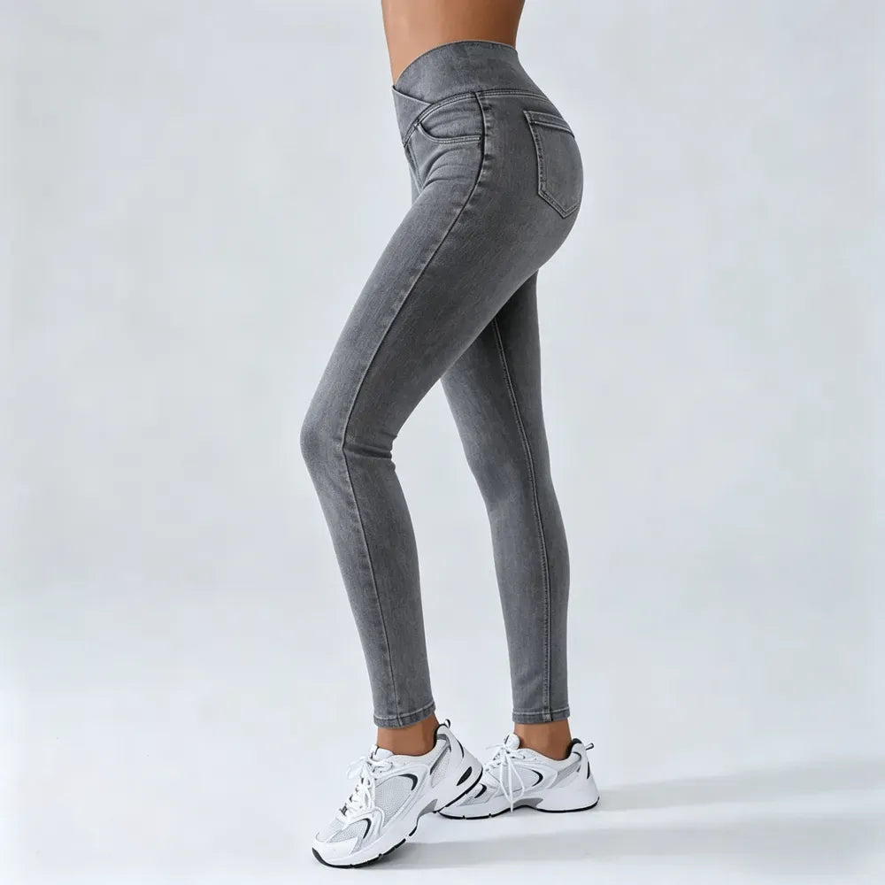 Women's High-Waisted Stretch Jeans with Crossover Design — Slim-Fit Flared Denim Leggings