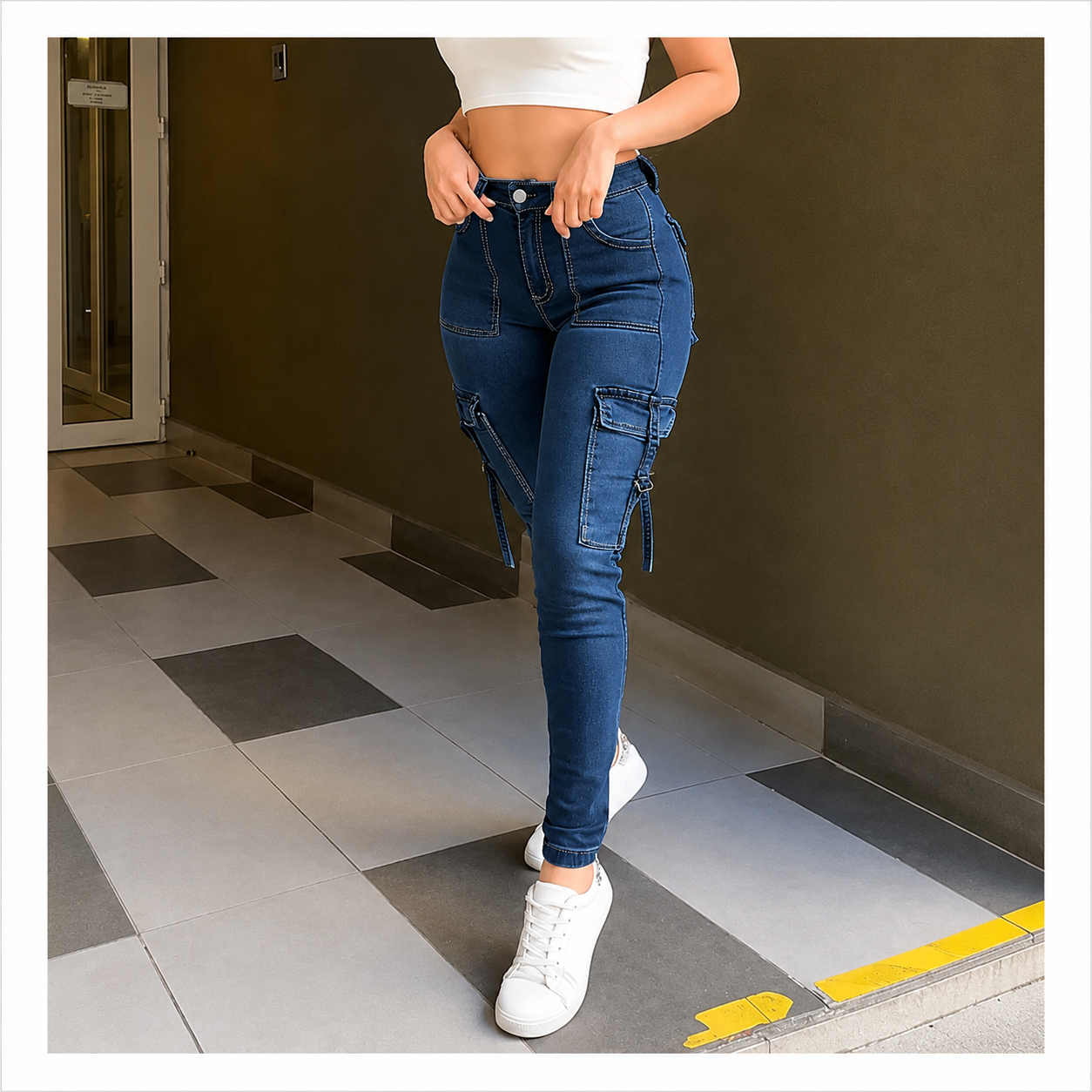 🔥MID YEAR SALE🔥Women's Plain Multi-pocket Denim Elastic Slim Fit Button Cargo Denim Pants