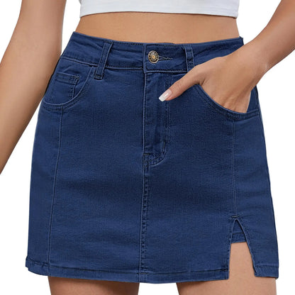 Women's Minimalist High-Waisted Denim Mini Skirt Shorts with Side Slit