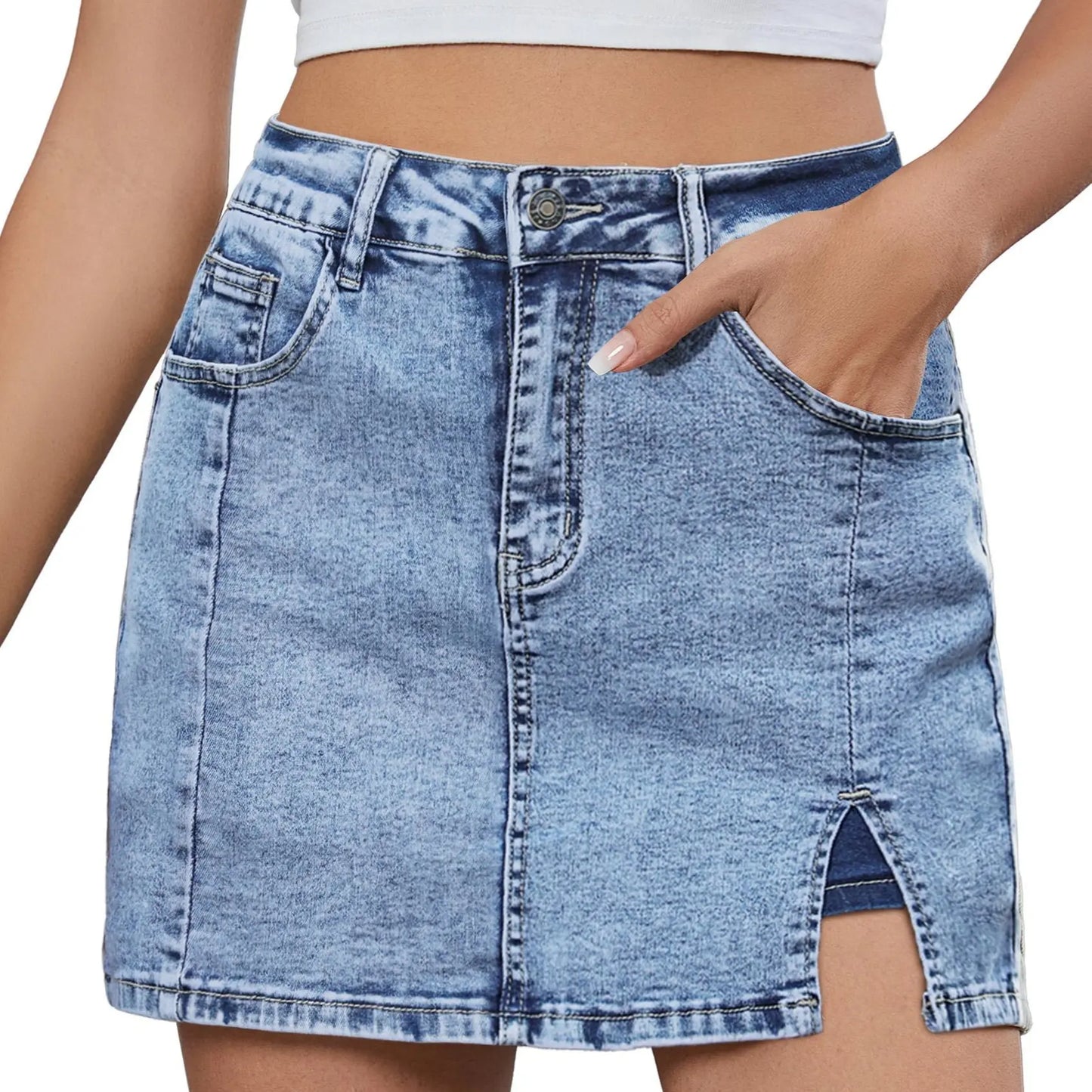 Women's Minimalist High-Waisted Denim Mini Skirt Shorts with Side Slit