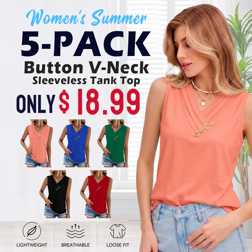 Women Summer Button Down V Neck T Shirts Sleeveless Loose Fit Fashion Tops