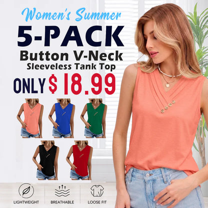Women Summer Button Down V Neck T Shirts Sleeveless Loose Fit Fashion Tops