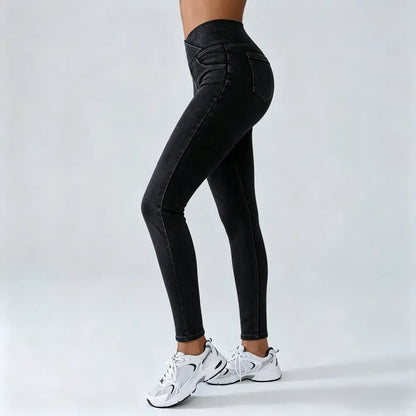 Women's High-Waisted Stretch Jeans with Crossover Design — Slim-Fit Flared Denim Leggings
