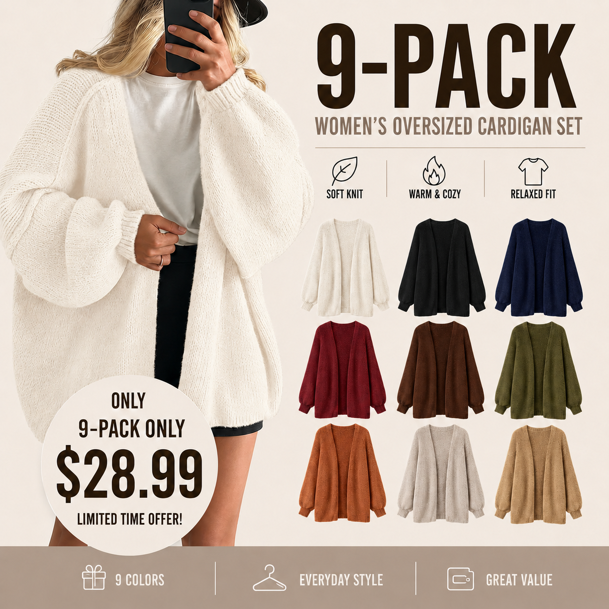 🔥 Limited-Time Sale ✨ Women’s Oversized Cardigan Sweater | Lantern Sleeve Open Front Knit Top | Lightweight Fall Casual Layering Wear 🍂