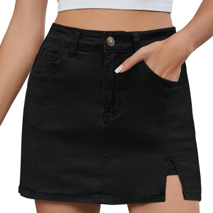 Women's Minimalist High-Waisted Denim Mini Skirt Shorts with Side Slit