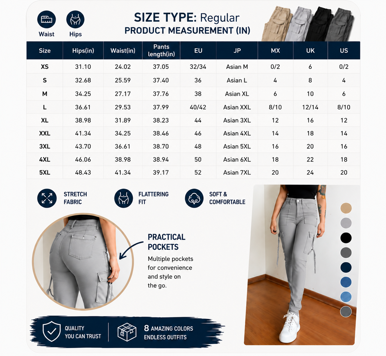 🔥MID YEAR SALE🔥Women's Plain Multi-pocket Denim Elastic Slim Fit Button Cargo Denim Pants