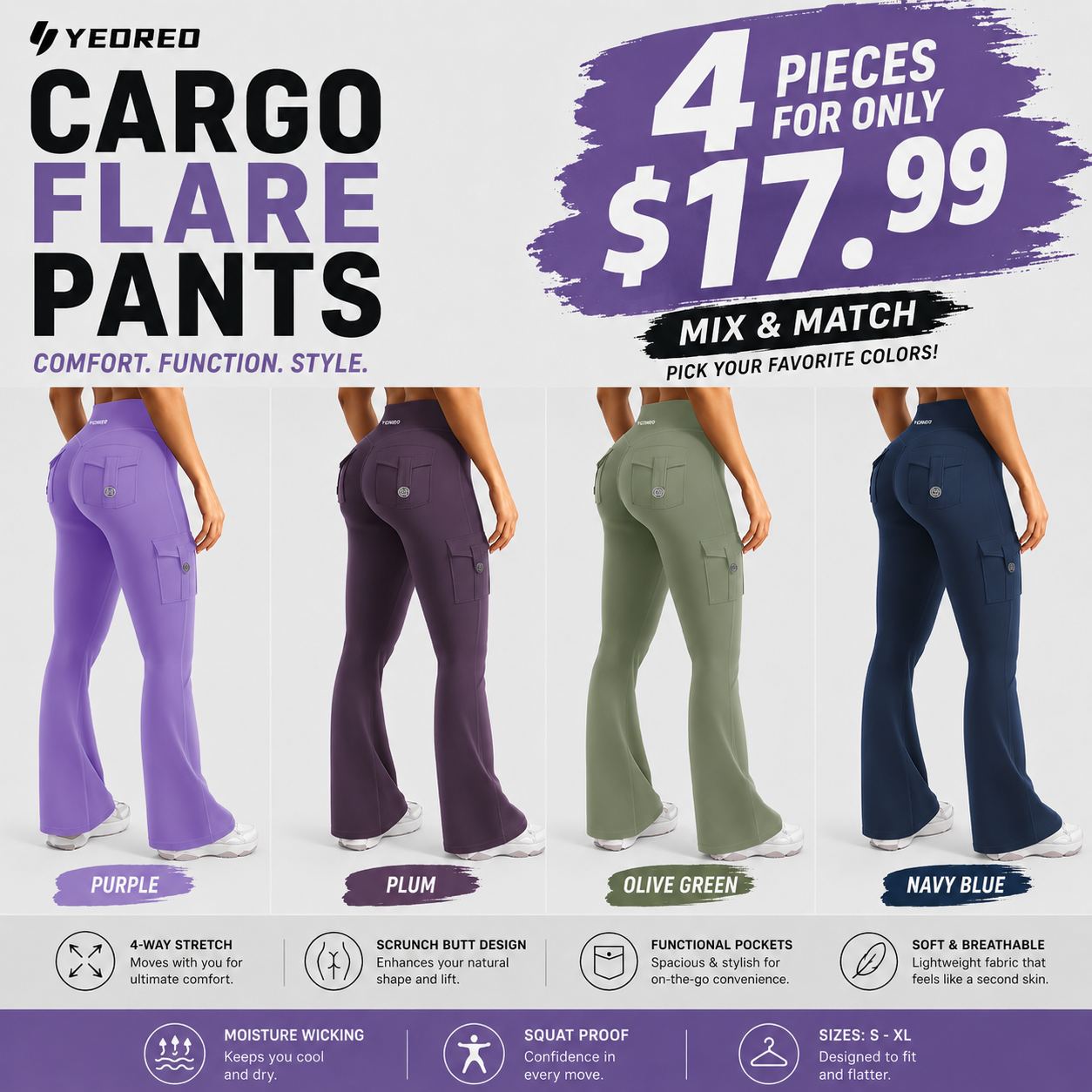Women's Workout Flare Leggings with Pockets Hidden Scrunch High Waisted Cargo Gym Yoga No Front Seam Leggings Flared Joggers Fitness Outfit Camouflage Sports Pants 75% Nylon 25% Spandex summerwins
