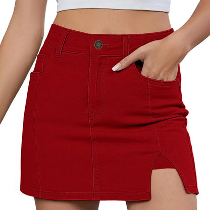 Women's Minimalist High-Waisted Denim Mini Skirt Shorts with Side Slit