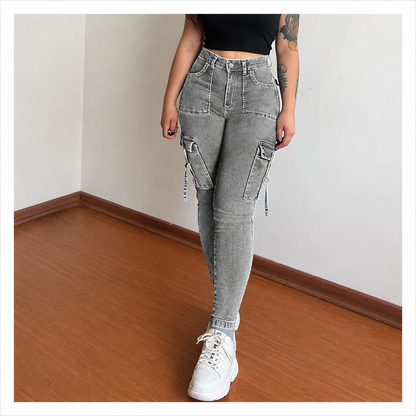 🔥MID YEAR SALE🔥Women's Plain Multi-pocket Denim Elastic Slim Fit Button Cargo Denim Pants