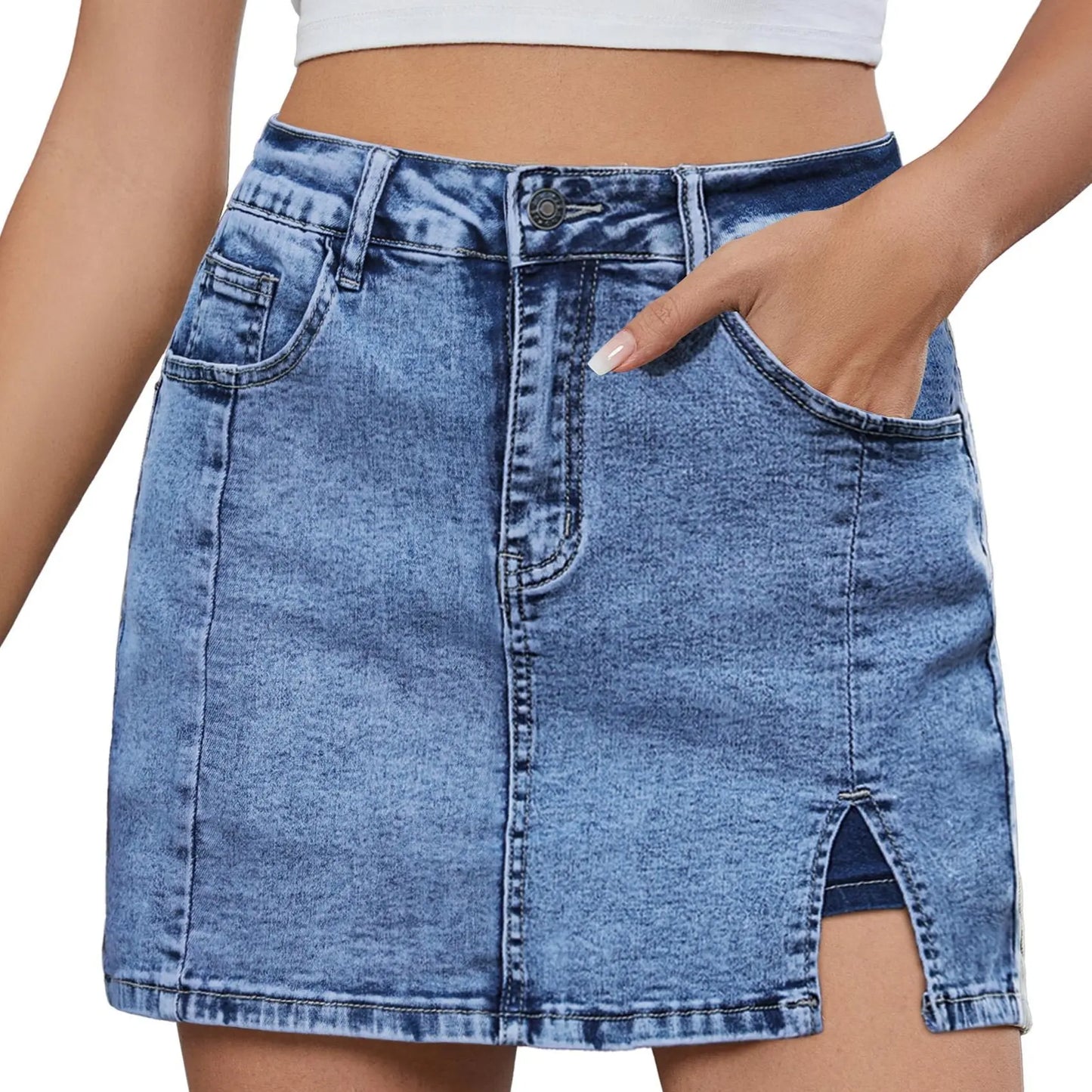 Women's Minimalist High-Waisted Denim Mini Skirt Shorts with Side Slit