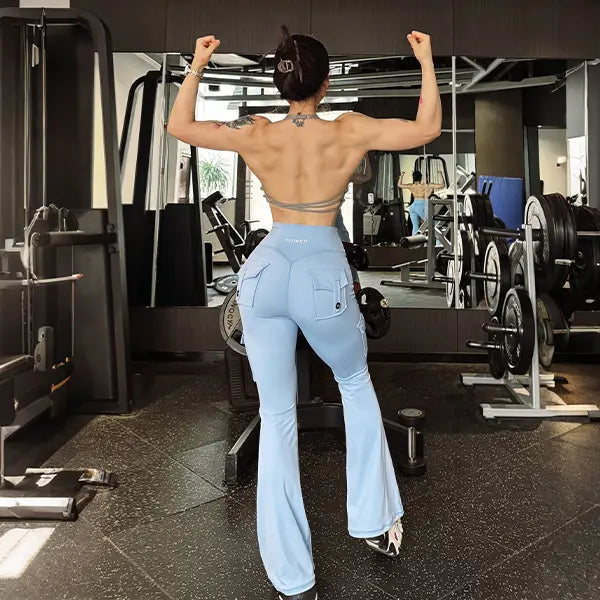 Women's Workout Flare Leggings with Pockets Hidden Scrunch High Waisted Cargo Gym Yoga No Front Seam Leggings Flared Joggers Fitness Outfit Camouflage Sports Pants 75% Nylon 25% Spandex summerwins