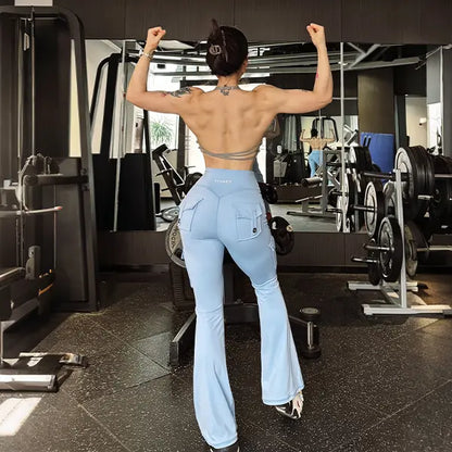 Women's Workout Flare Leggings with Pockets Hidden Scrunch High Waisted Cargo Gym Yoga No Front Seam Leggings Flared Joggers Fitness Outfit Camouflage Sports Pants 75% Nylon 25% Spandex summerwins