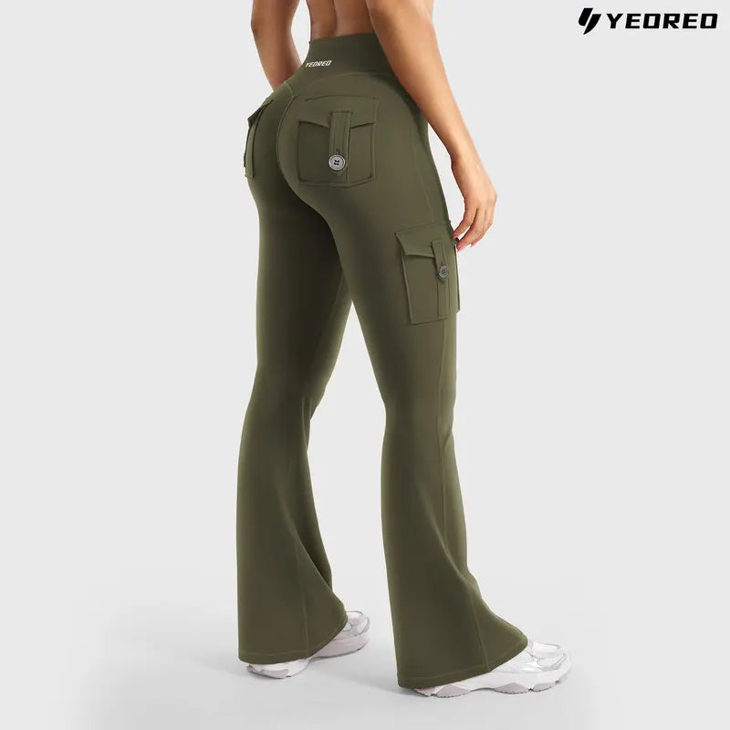 Women's Workout Flare Leggings with Pockets Hidden Scrunch High Waisted Cargo Gym Yoga No Front Seam Leggings Flared Joggers Fitness Outfit Camouflage Sports Pants 75% Nylon 25% Spandex summerwins