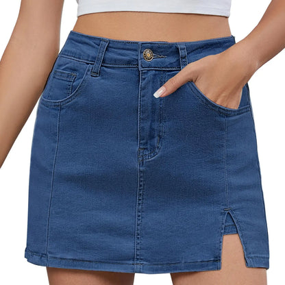 Women's Minimalist High-Waisted Denim Mini Skirt Shorts with Side Slit