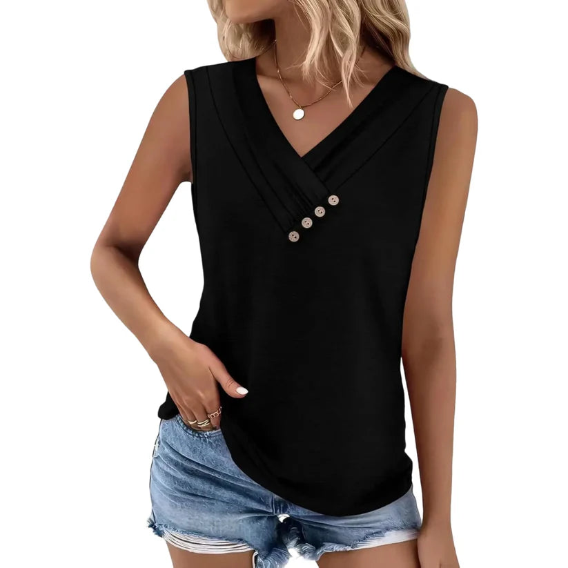 Women Summer Button Down V Neck T Shirts Sleeveless Loose Fit Fashion Tops