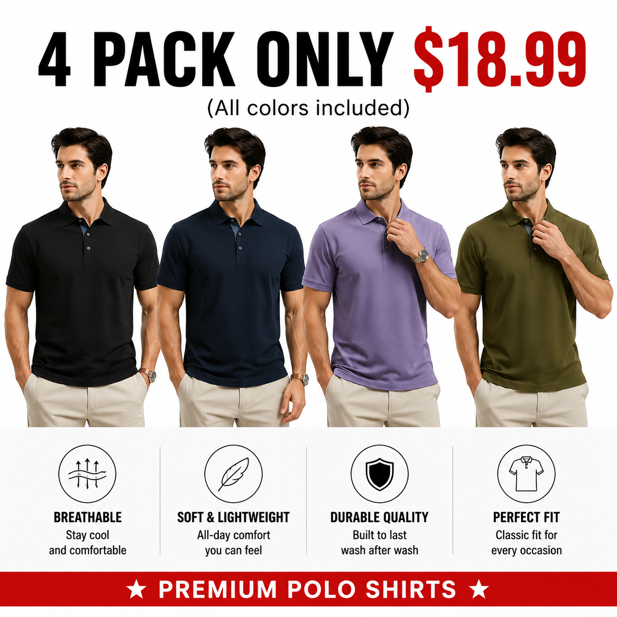 Men’s Polo Shirts Short Sleeve Classic Fit Breathable Casual Golf Shirts