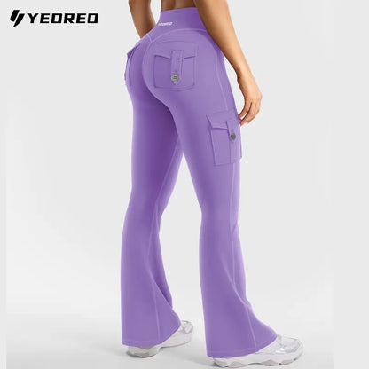 Women's Workout Flare Leggings with Pockets Hidden Scrunch High Waisted Cargo Gym Yoga No Front Seam Leggings Flared Joggers Fitness Outfit Camouflage Sports Pants 75% Nylon 25% Spandex summerwins