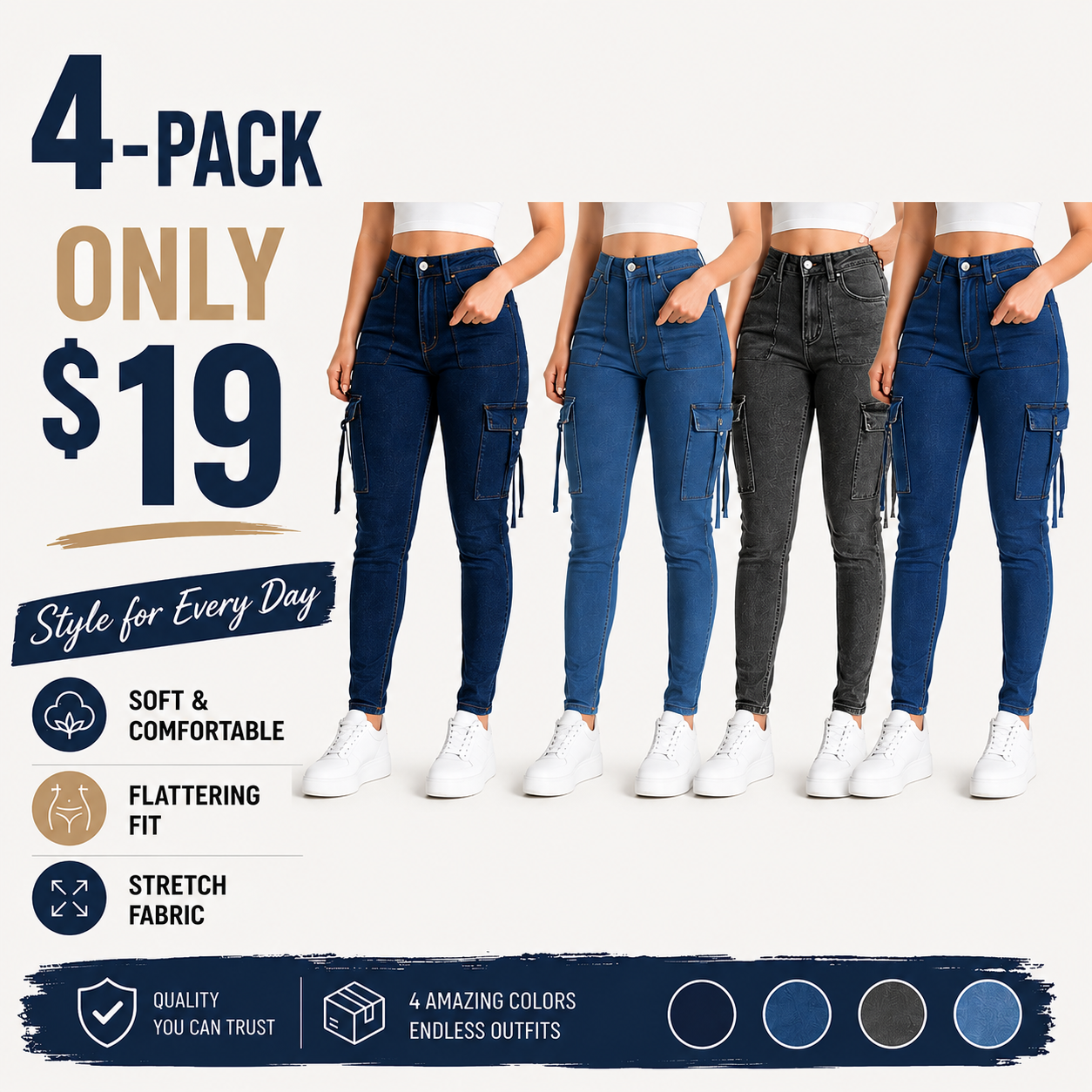 🔥MID YEAR SALE🔥Women's Plain Multi-pocket Denim Elastic Slim Fit Button Cargo Denim Pants