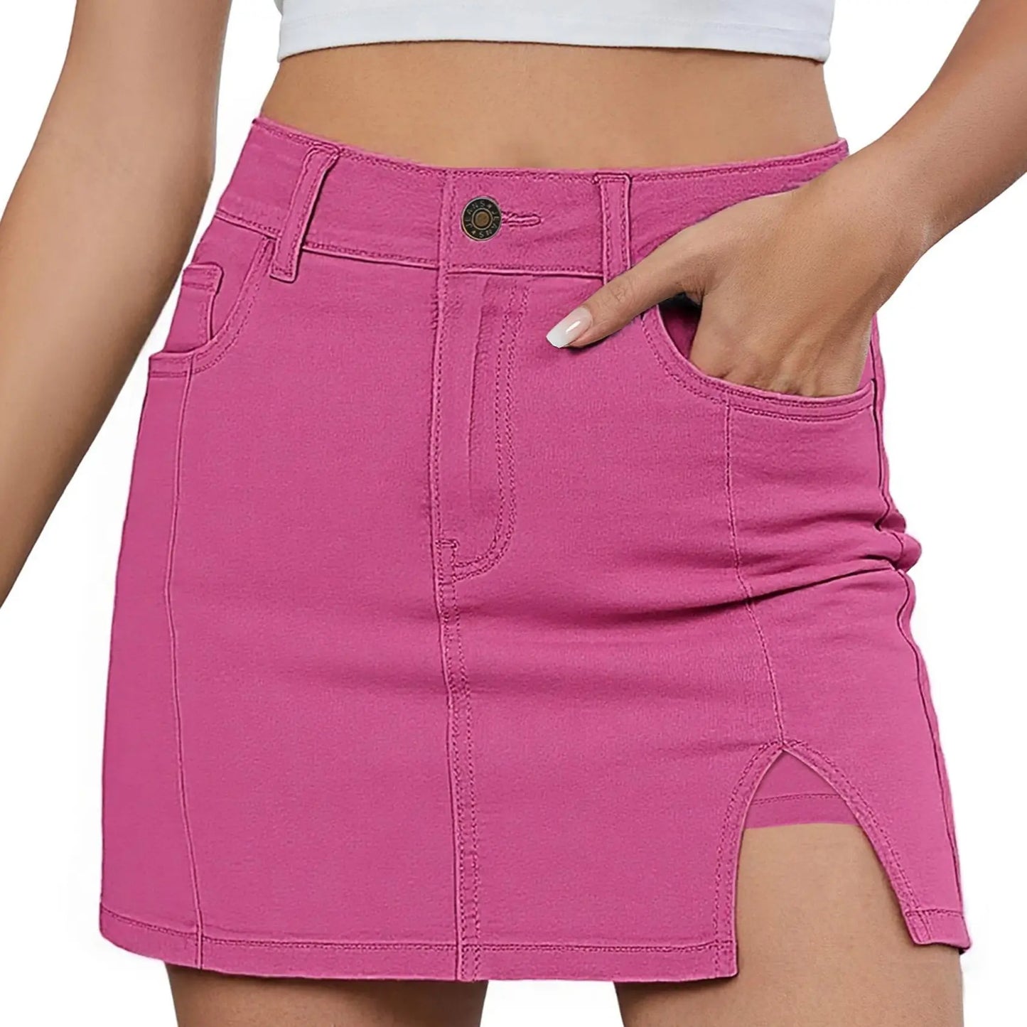 Women's Minimalist High-Waisted Denim Mini Skirt Shorts with Side Slit