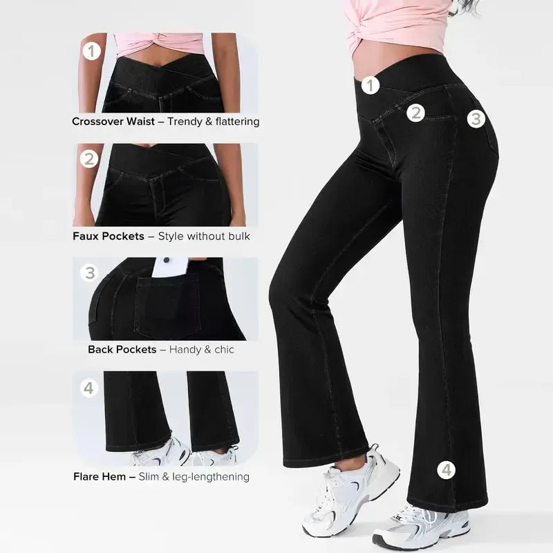 Women's High-Waisted Stretch Jeans with Crossover Design — Slim-Fit Flared Denim Leggings