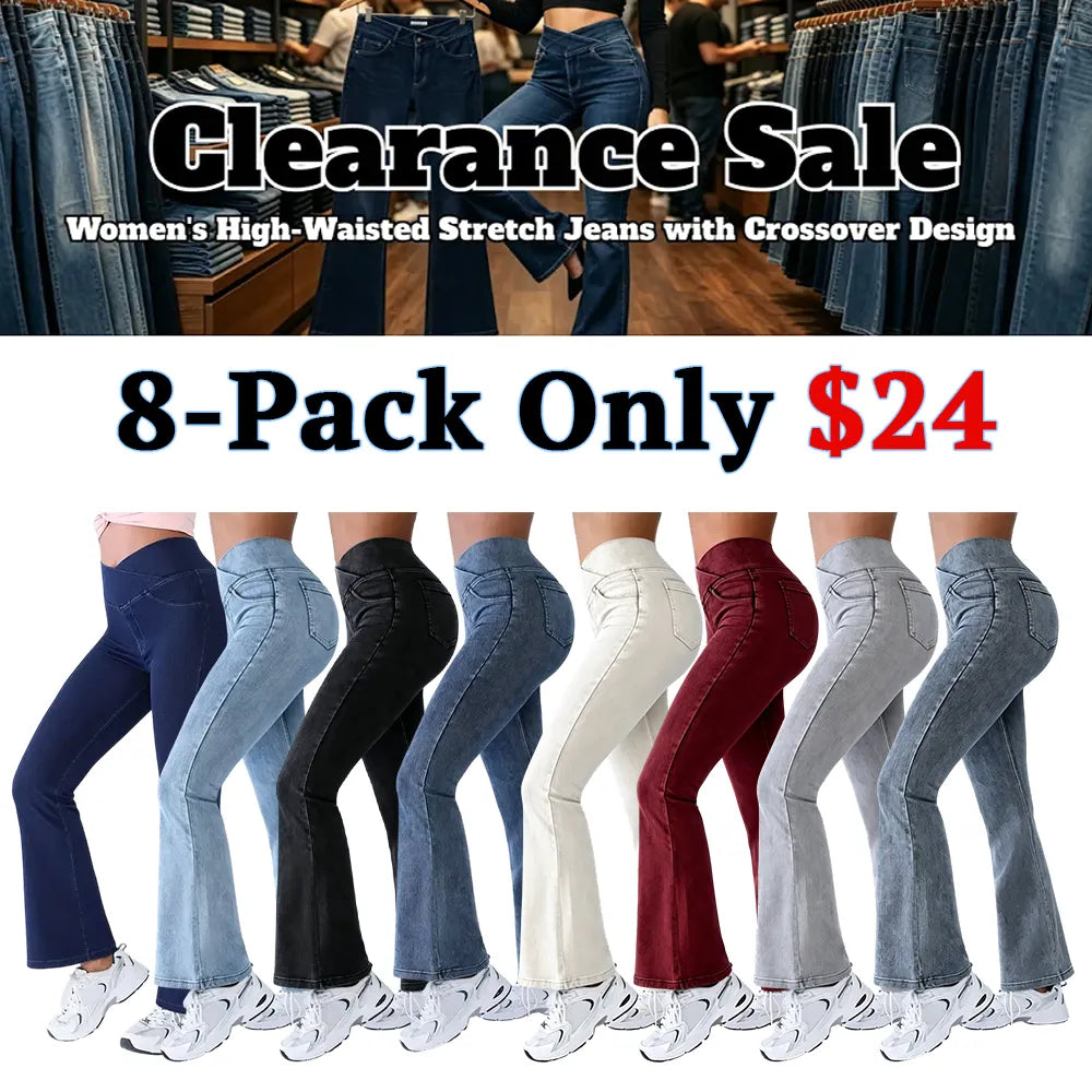 Women's High-Waisted Stretch Jeans with Crossover Design — Slim-Fit Flared Denim Leggings