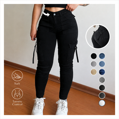 🔥MID YEAR SALE🔥Women's Plain Multi-pocket Denim Elastic Slim Fit Button Cargo Denim Pants