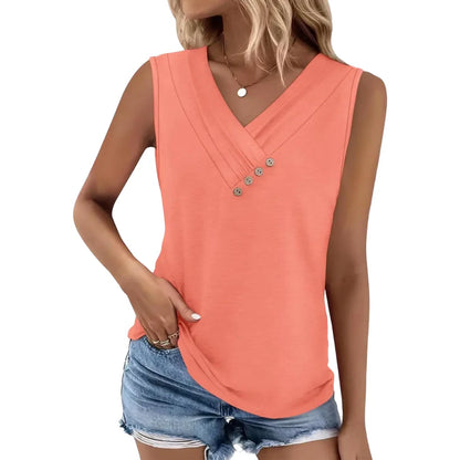 Women Summer Button Down V Neck T Shirts Sleeveless Loose Fit Fashion Tops