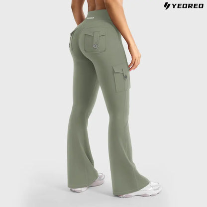 Women's Workout Flare Leggings with Pockets Hidden Scrunch High Waisted Cargo Gym Yoga No Front Seam Leggings Flared Joggers Fitness Outfit Camouflage Sports Pants 75% Nylon 25% Spandex summerwins