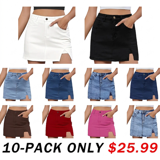 Women's Minimalist High-Waisted Denim Mini Skirt Shorts with Side Slit